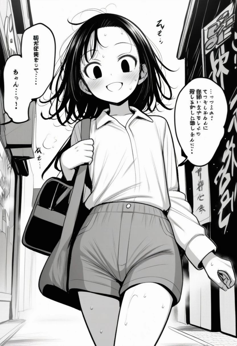 masterpiece, best quality, 1girl, mamerakkkkko, grayscale, manga style, japanese, chi no wadachi, black eyes, street, iced, black hair, schoolbag, smile, lineart, white background, white shirt, grey shorts,
