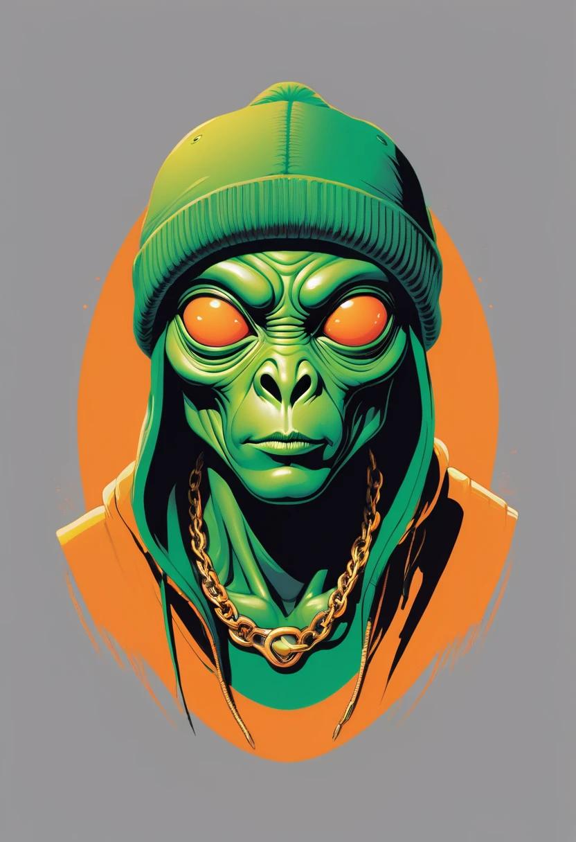 creative logo illustration of a green alien with orange beanie hat, golden chaine, hip hop outfits, The overall theme is vibrant and fantastic with a touch of digitl art sketch by frank frazetta, dan mumford, carne griffith, high definition, negative space, T-shirts design