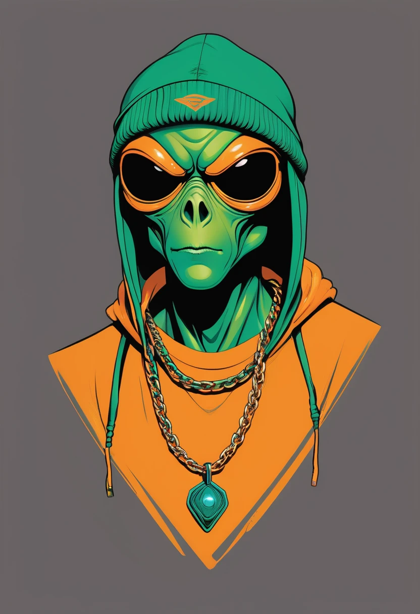 creative logo illustration of a green alien with orange beanie hat, golden chaine, hip hop outfits, The overall theme is vibrant and fantastic with a touch of digitl art sketch by frank frazetta, dan mumford, carne griffith, high definition, negative space, T-shirts design