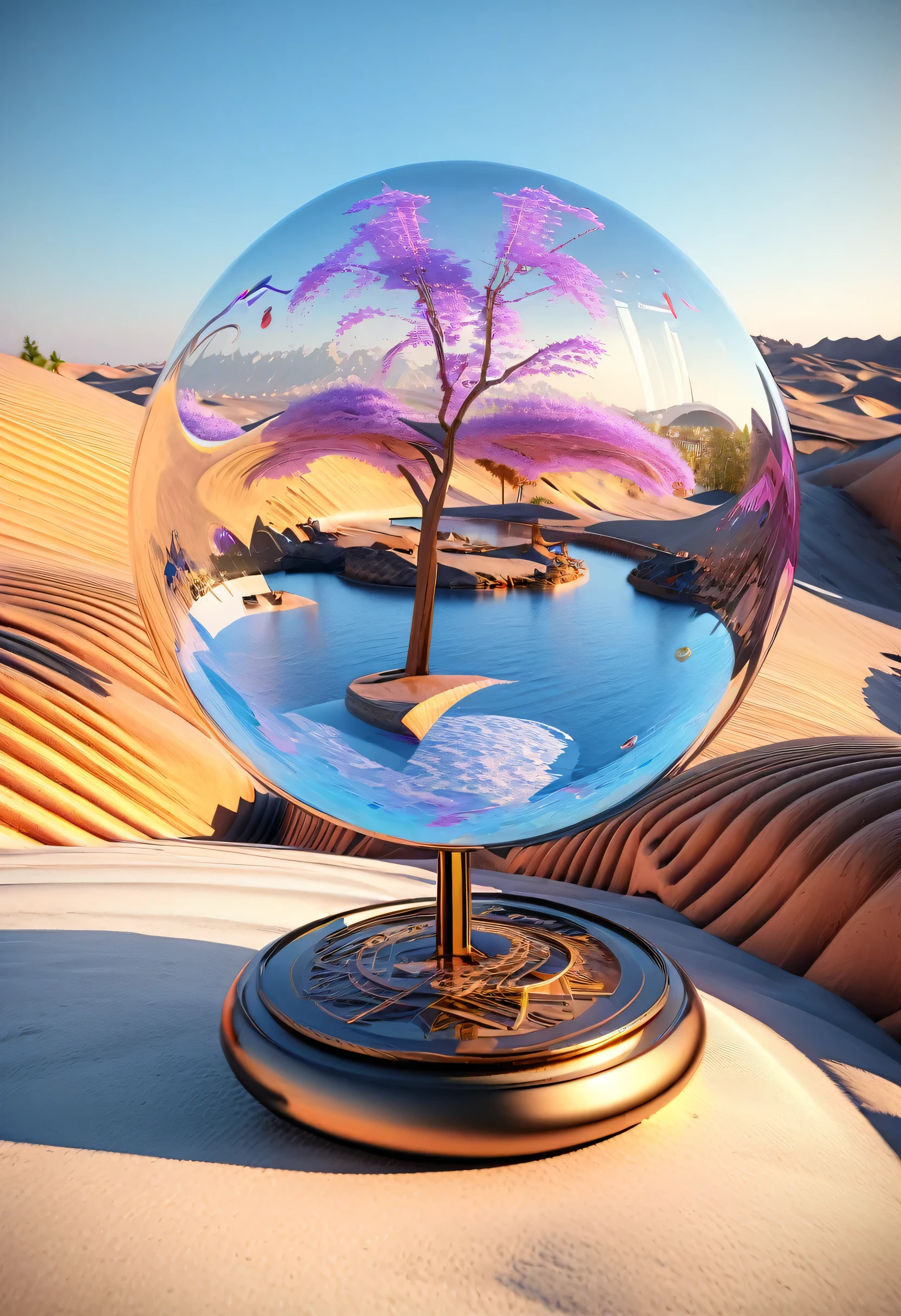 Image of wooden arabic numerals in a glass ball against a desert landscape, Tree of life in a ball, Surreal digital art, Surrealism 8k, Surreal digital art, Surreal art, Surreal 3D rendering, 3d rendering digital art, Mark Adams, Surreal concept art, 3D rendering beeple, Stylized digital art, 4k surrealism