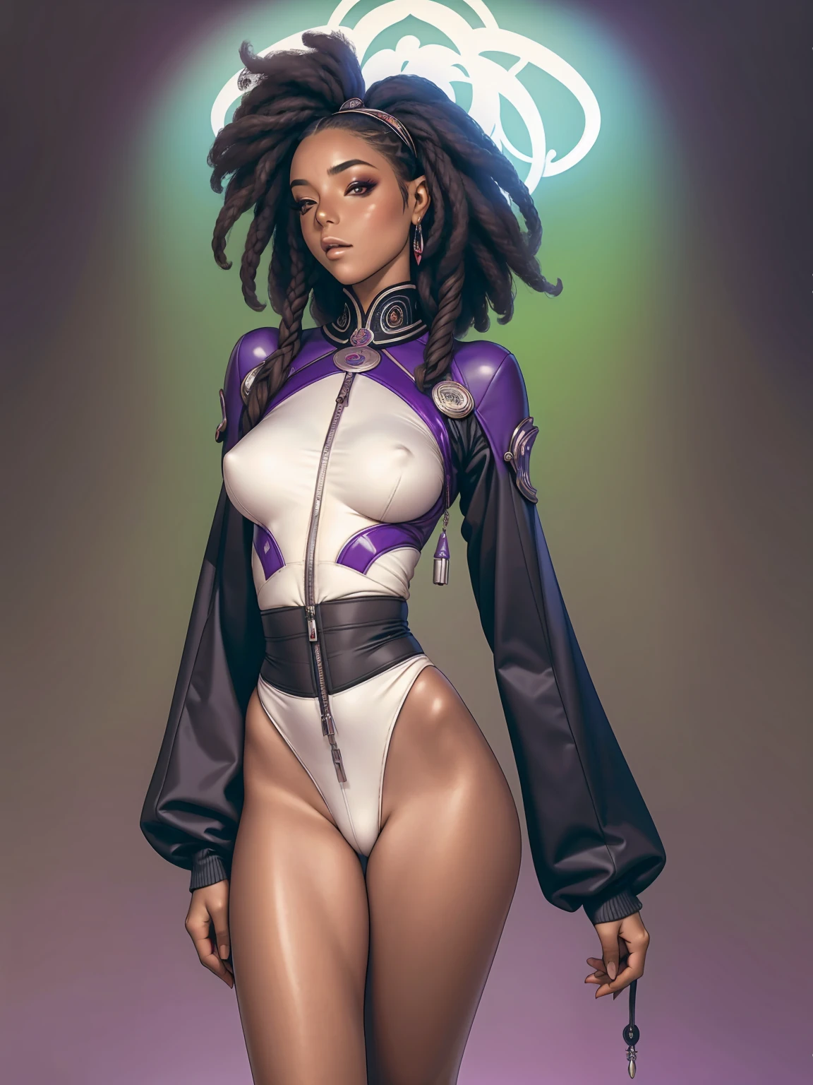 (((with your back to the viewer))), (((best qualityer))), (((perfectbody))), (((1girl))), Beautiful African American woman in oriental cyberpunk jacket, (((glossy black skin))), (((fully body))), (((dental floss))), (((afro girl))), (((coxas nuas))), (((DuneWalker))), high collar, digitalpainting, matte red, Digital illustration, extreme detail, digitl art, 4K, ultra HD. Your skin is deep, rich color and her hair is pulled back into two braids, (((best qualityer: 1.4))), (Unbeatable masterpiece), (hiper HD),(CG 8k hyper-realistic), (((brave face))), (((breasts big))), (((hyper feminine))), sexly girl, Tron,, ((( sculptural body ))), (((1 Kizi))), Kizi cibernética de 25 anos com perfectbody,,Beautiful and well-groomed face,muscular body:1.2,solid color detailed jacket, (Head to thigh photos)， Complex equipment, green dark，long pants，Tight clothes are dark，With white stars and off-white stripes,,,,,Armor Metal Electronic Parts, Poison tattoos ) INFO, Kizi, (((standing alone))), pirralha violent, (((14歳))), sexly, pose de atitude, work of art, post-apocalypse, (((manga style))), bounty hunter, violent, Manic, the way you want, slenderbody, thin but strong, perfectbody, roupa moderna, advanced technology, neon, sleeves with vertical striped pattern, neutral background, (( cowboy shot )). in the background a wall with intricate graffiti