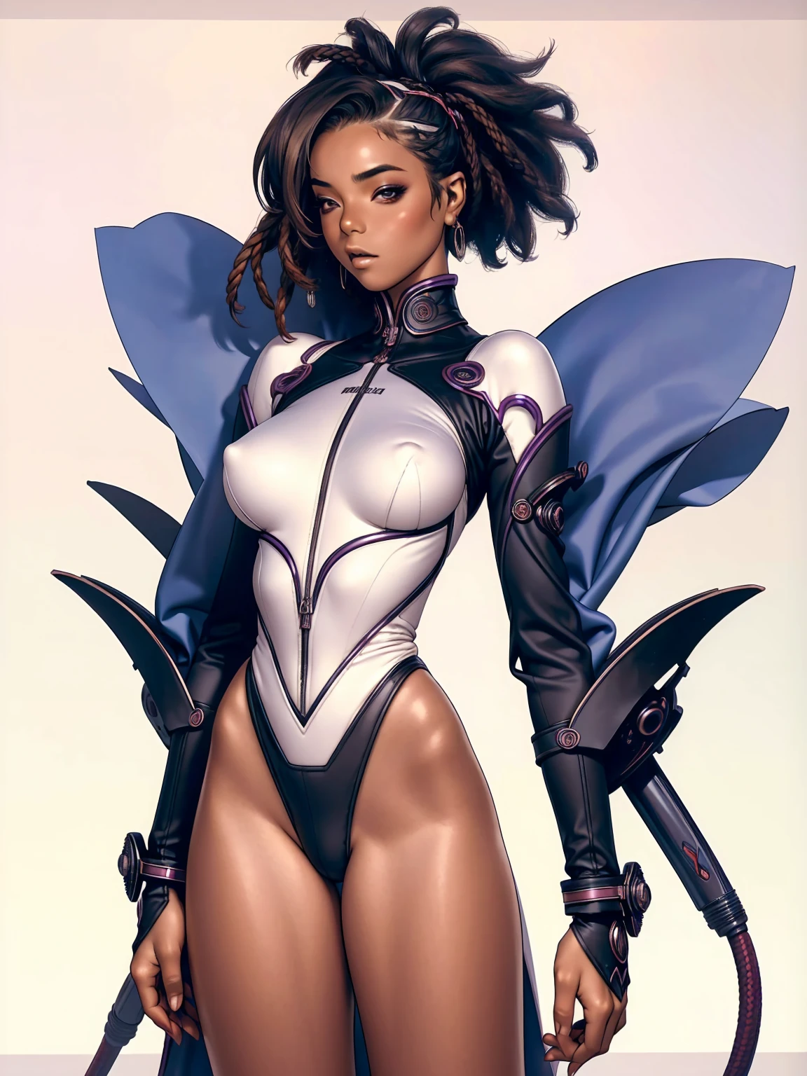(((with your back to the viewer))), (((best qualityer))), (((perfectbody))), (((1girl))), Beautiful African American woman in oriental cyberpunk jacket, (((glossy black skin))), (((fully body))), (((dental floss))), (((afro girl))), (((coxas nuas))), (((DuneWalker))), high collar, digitalpainting, matte red, Digital illustration, extreme detail, digitl art, 4K, ultra HD. Your skin is deep, rich color and her hair is pulled back into two braids, (((best qualityer: 1.4))), (Unbeatable masterpiece), (hiper HD),(CG 8k hyper-realistic), (((brave face))), (((breasts big))), (((hyper feminine))), sexly girl, Tron,, ((( sculptural body ))), (((1 Kizi))), Kizi cibernética de 25 anos com perfectbody,,Beautiful and well-groomed face,muscular body:1.2,solid color detailed jacket, (Head to thigh photos), Complex equipment, green dark,long pants,Tight clothes are dark,With white stars and off-white stripes,,,,,Armor Metal Electronic Parts, Poison tattoos ) INFO, Kizi, (((standing alone))), pirralha violent, ((())), sexly, pose de atitude, work of art, post-apocalypse, (((manga style))), bounty hunter, violent, Manic, the way you want, slenderbody, thin but strong, perfectbody, roupa moderna, advanced technology, neon, sleeves with vertical striped pattern, neutral background, (( cowboy shot )). in the background a wall with intricate graffiti