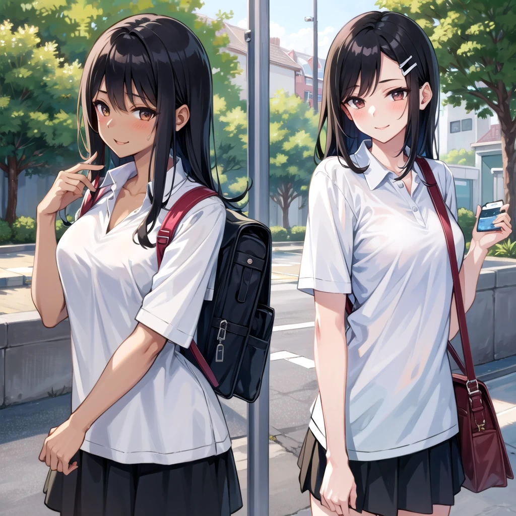 ((best quality)), ((masterpiece)), (detailed), 1girl, sexy((best quality)), ((masterpiece)), (detailed), 1girl, sexly((Highest quality)), ((masterpiece)), (detailed), One girl, セクシーexpensive body, expensive, Long legs, mature female, mature, Adult, It is_Nagatoro_main, nagatoro hayase, One girl, blush, alone, White polo shirt、 Black Hair, bag, Brown eyes, hair ornaments, View your viewers, Hair Clip, Outdoor, Backpack, smile, Long Hair, White shirt, Dark skinned women, Dark Skin, , bangs, Day, skirt, Collared shirt, clavicle, Ear Clip, Rolled up my sleeves, Mouth closed, wood, asymmetrical bangs, Upper Body
