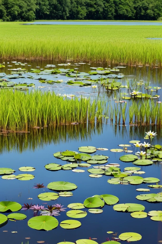 there are many water lillies in the water and some grass, a digital rendering by Jan Jahn, flickr, hurufiyya, small reeds behind lake, bullrushes, aquatic plants, reeds, marsh, marsh vegetation, lily pads, green lily pads, pond, in a pond, water lilies, alpine pond with water lilies