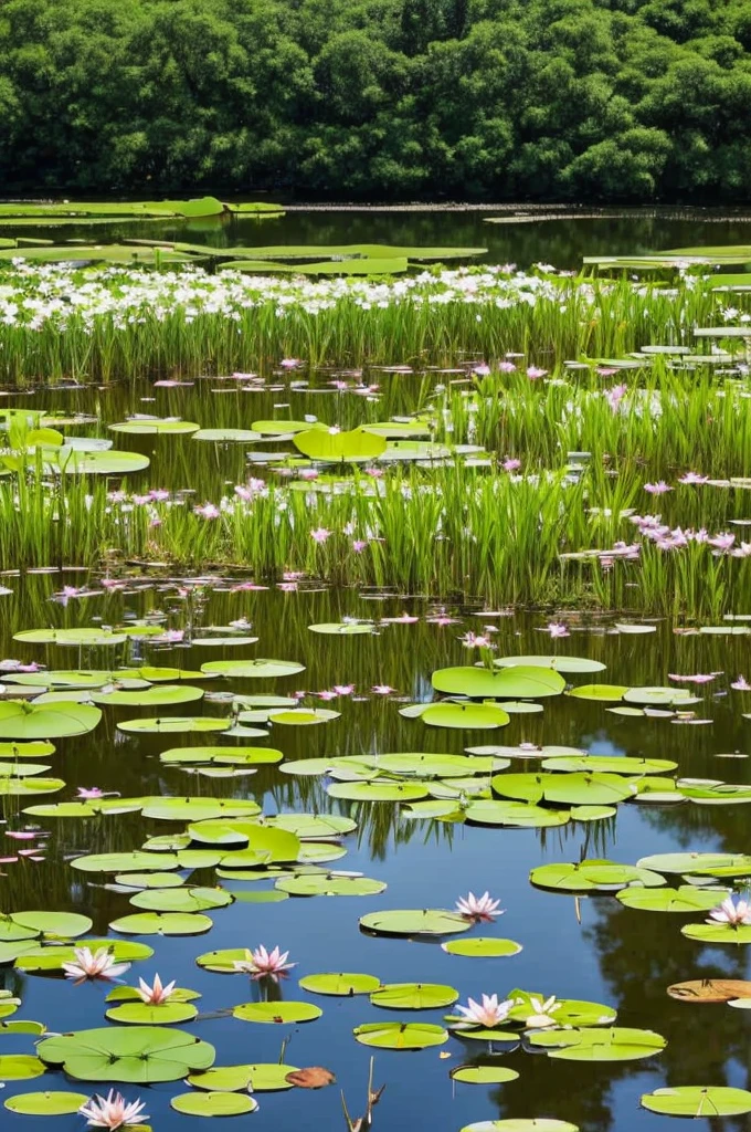 there are many water lillies in the water and some grass, small reeds behind lake, bullrushes, aquatic plants, reeds, marsh, marsh vegetation, lily pads, green lily pads, pond, in a pond, water lilies, alpine pond with water lilies, pond with frogs and lilypads, ponds, nymphaea, screensaver, small pond