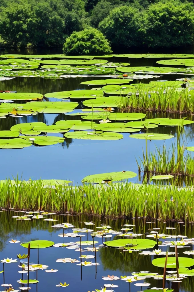 there are many water lillies in the water and some grass, small reeds behind lake, bullrushes, aquatic plants, reeds, marsh, marsh vegetation, lily pads, green lily pads, pond, in a pond, water lilies, alpine pond with water lilies, pond with frogs and lilypads, ponds, nymphaea, screensaver, small pond