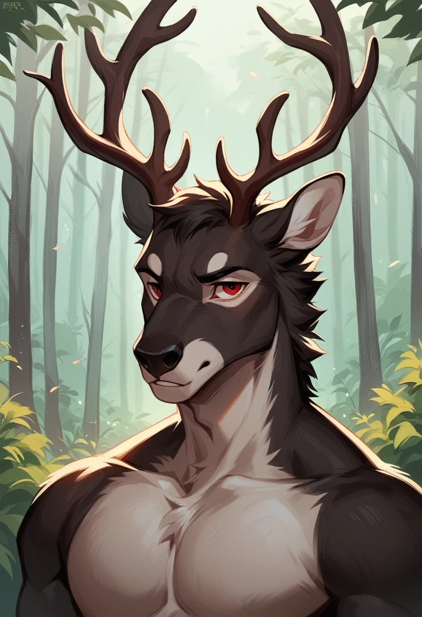 Male, anthropomorphic, stag, dark fur, red eyes, twink build, medium sized darker antlers, neutral expression, single, forest setting