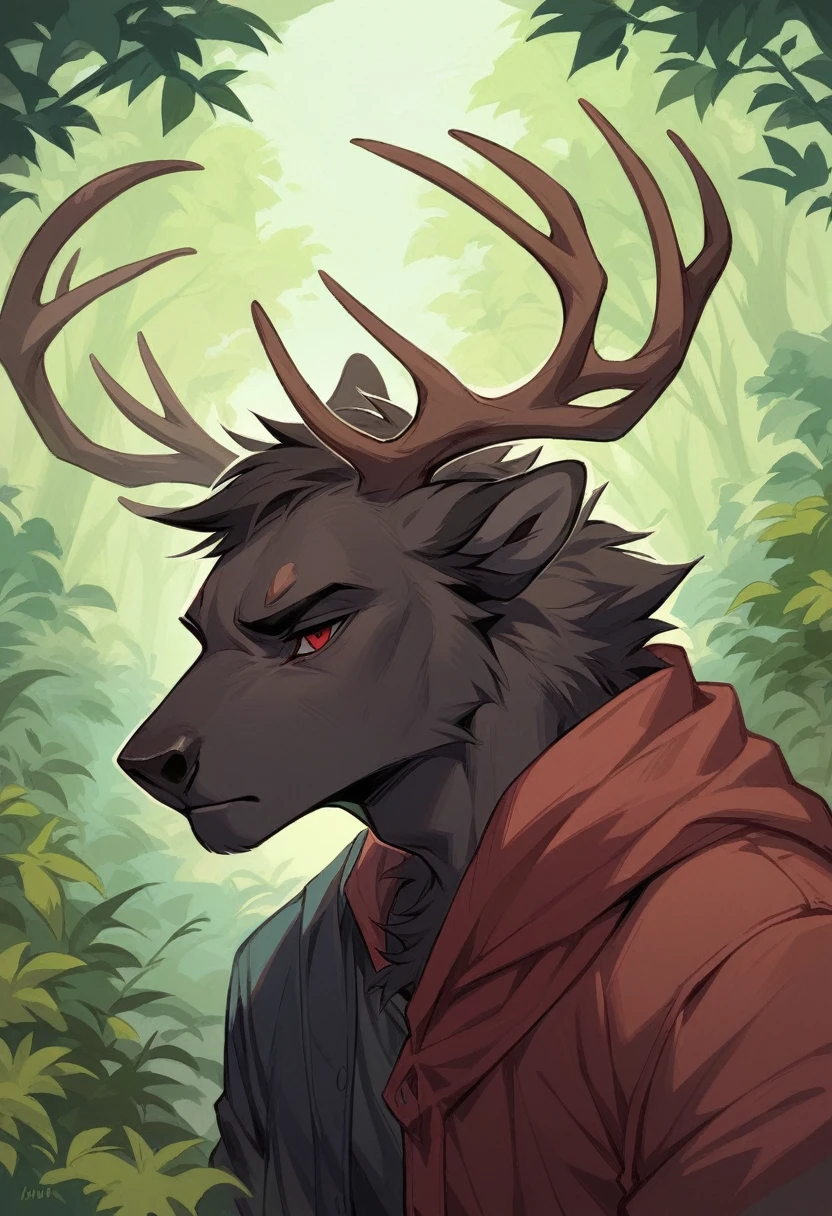 Male, anthropomorphic, stag, dark fur, red eyes, twink build, medium sized darker antlers, neutral expression, single, forest setting