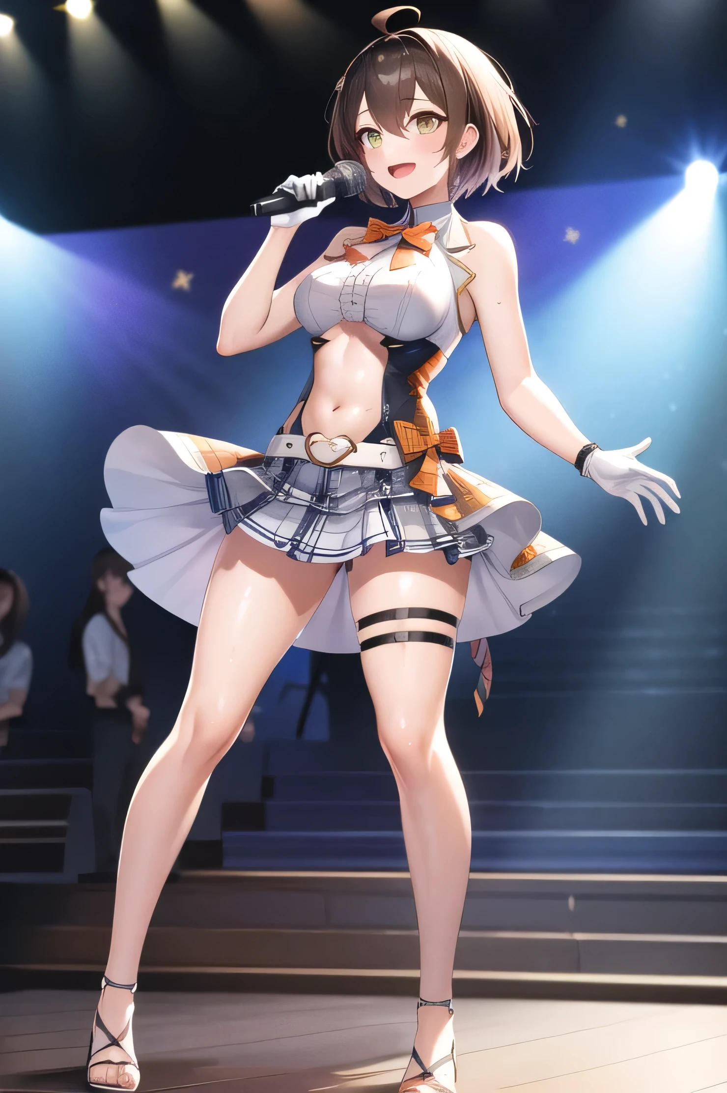 masterpiece, Highest quality, High resolution, Ewald, short hair, Ahoge, French Braid, For the mini, Orange ribbon, Plaid, Sleeveless shirt, Center frill, Arm strap, White gloves, Belly button cutout, belt, White Skirt, mini skirt, stage, Holding a microphone, smile, Open your mouth, Are standing, audience, sing, Sweat, standing , fullbody , toe