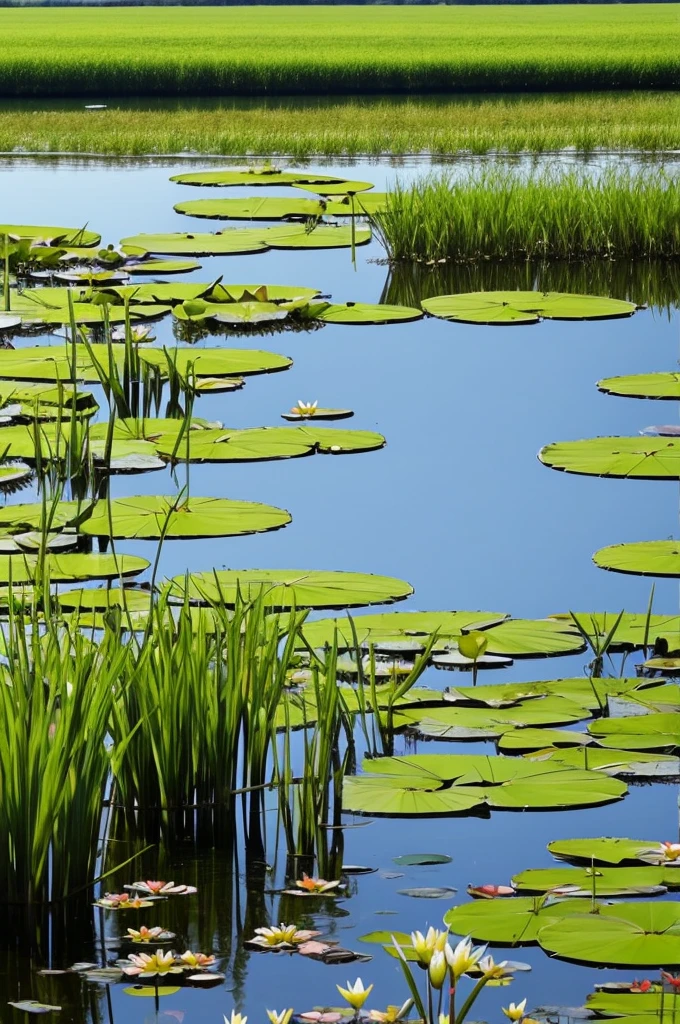 there are many water lillies in the water and some grass, a digital rendering by Jan Jahn, flickr, hurufiyya, small reeds behind lake, bullrushes, aquatic plants, reeds, marsh, marsh vegetation, lily pads, green lily pads, pond, in a pond, water lilies, alpine pond with water lilies