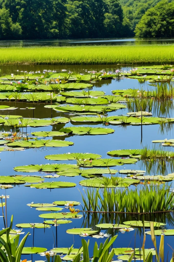 there are many water lillies in the water and some grass, a digital rendering by Jan Jahn, flickr, hurufiyya, small reeds behind lake, bullrushes, aquatic plants, reeds, marsh, marsh vegetation, lily pads, green lily pads, pond, in a pond, water lilies, alpine pond with water lilies