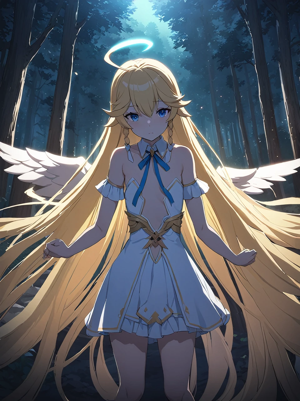 Zaora, blue eyes, (Variegated eyes:0.5), Blonde, Very long hair, Twin Blade, bangs, Ahoge, Hello, Angel, Flat Chest, White Dress, Belly button cutout, Detachable collar, Strapless, Neck ribbon, Bare shoulders, Angel wings, barefoot, One girl, Solo Break Space, forest, Depth of written boundary, Cinematic, masterpiece, Highest quality, Game CG