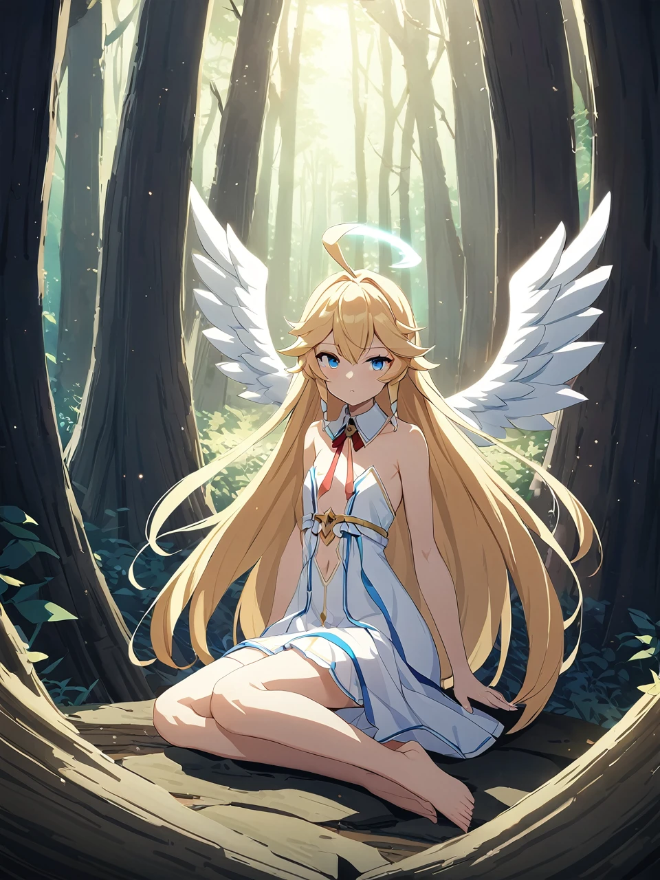 Zaora, blue eyes, (Variegated eyes:0.5), Blonde, Very long hair, Twin Blade, bangs, Ahoge, Hello, Angel, Flat Chest, White Dress, Belly button cutout, Detachable collar, Strapless, Neck ribbon, Bare shoulders, Angel wings, barefoot, One girl, Solo Break Space, forest, Depth of written boundary, Cinematic, masterpiece, Highest quality, Game CG