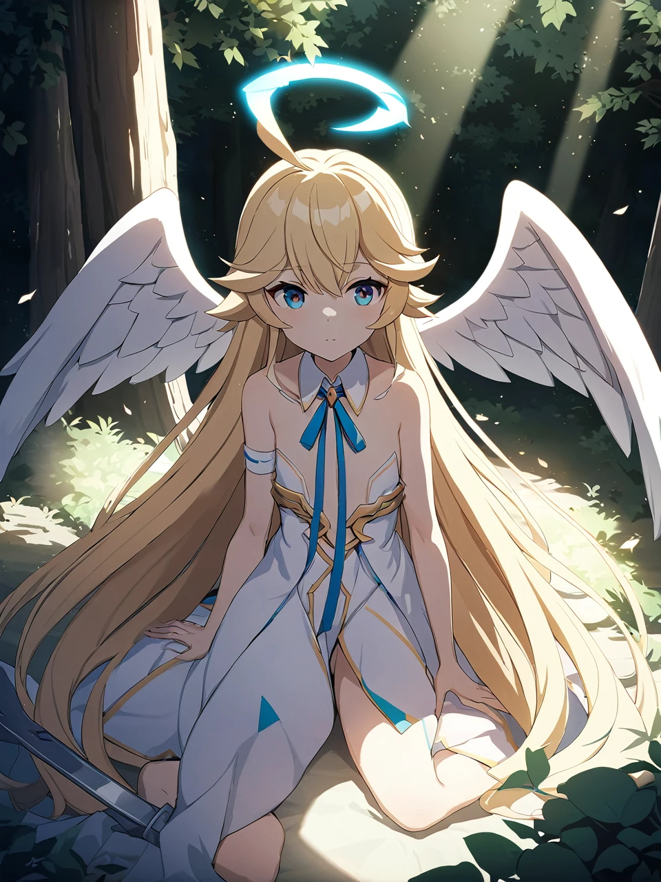 Zaora, blue eyes, (Variegated eyes:0.5), Blonde, Very long hair, Twin Blade, bangs, Ahoge, Hello, Angel, Flat Chest, White Dress, Belly button cutout, Detachable collar, Strapless, Neck ribbon, Bare shoulders, Angel wings, barefoot, One girl, Solo Break Space, forest, Depth of written boundary, Cinematic, masterpiece, Highest quality, Game CG