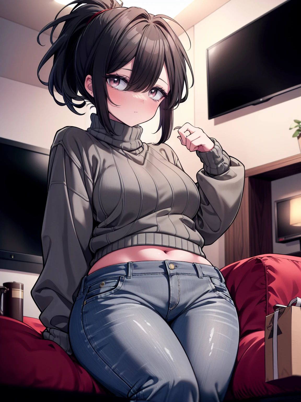 cowboy shot, (ultra-high resolution, depth of field:1.2), tall, 1woman, milf, (black hair), short messy hair, ponytail, (red eyes), (bags under eyes:1.1), (medium breasts:1.1), (wide hips), (wool sweater), (gray sweater:1.2), black denim jeans, squinting, serious, living room scenery, sitting, dimly lit