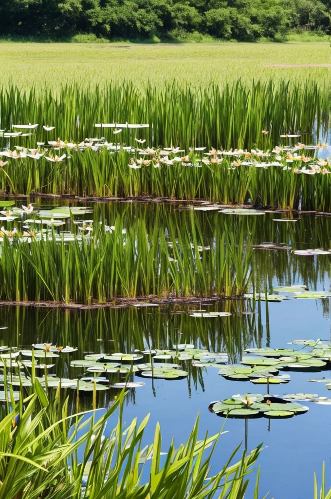 there are many water lillies in the water and some grass, small reeds behind lake, bullrushes, aquatic plants, reeds, marsh, marsh vegetation, lily pads, green lily pads, pond, in a pond, water lilies, alpine pond with water lilies, pond with frogs and lilypads, ponds, nymphaea, screensaver, small pond