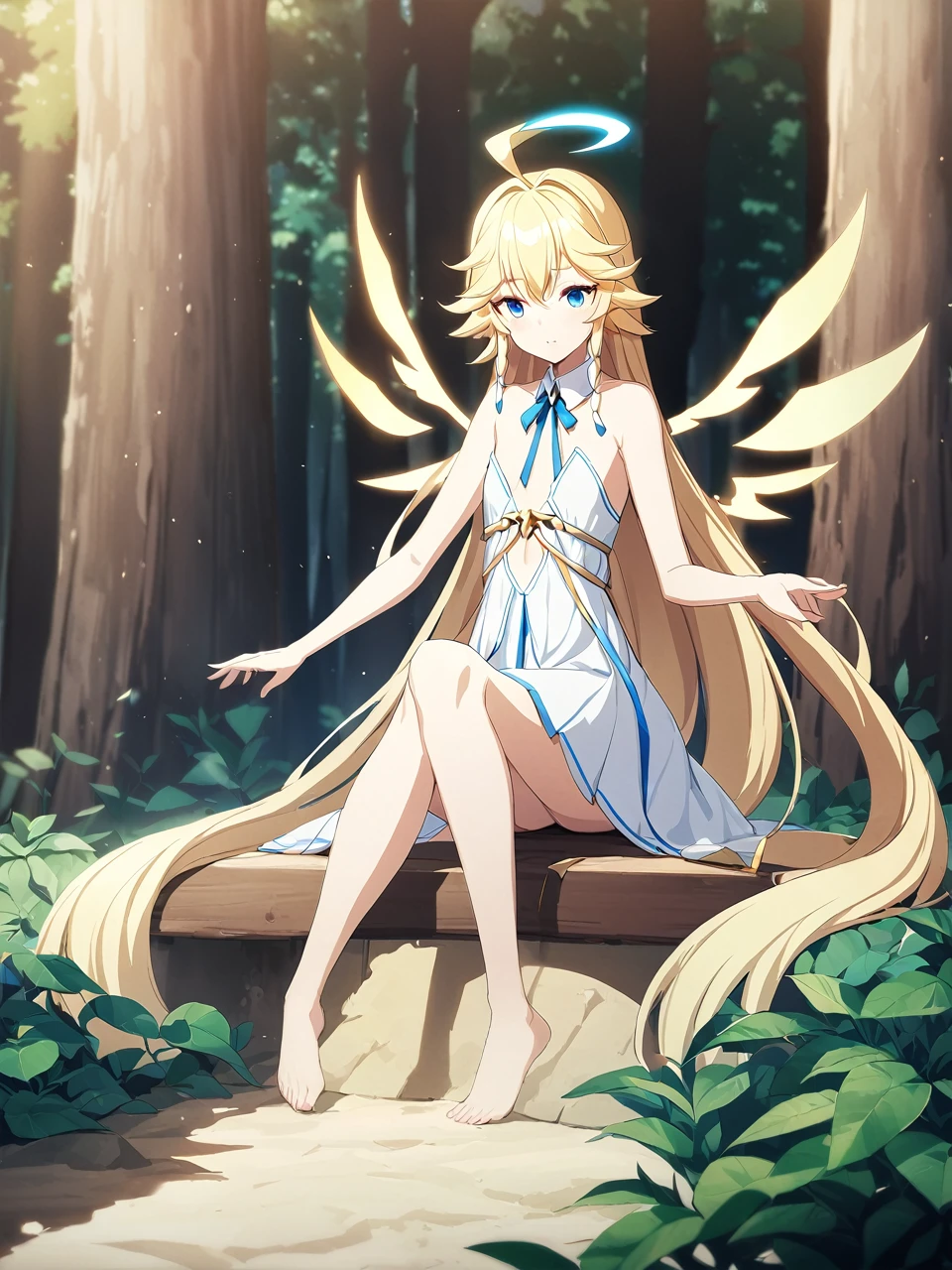 Zaora, blue eyes, (Variegated eyes:0.5), Blonde, Very long hair, Twin Blade, bangs, Ahoge, Hello, Angel, Flat Chest, White Dress, Belly button cutout, Detachable collar, Strapless, Neck ribbon, Bare shoulders, Angel wings, barefoot, One girl, Solo Break Space, forest, Depth of written boundary, Cinematic, masterpiece, Highest quality, Game CG