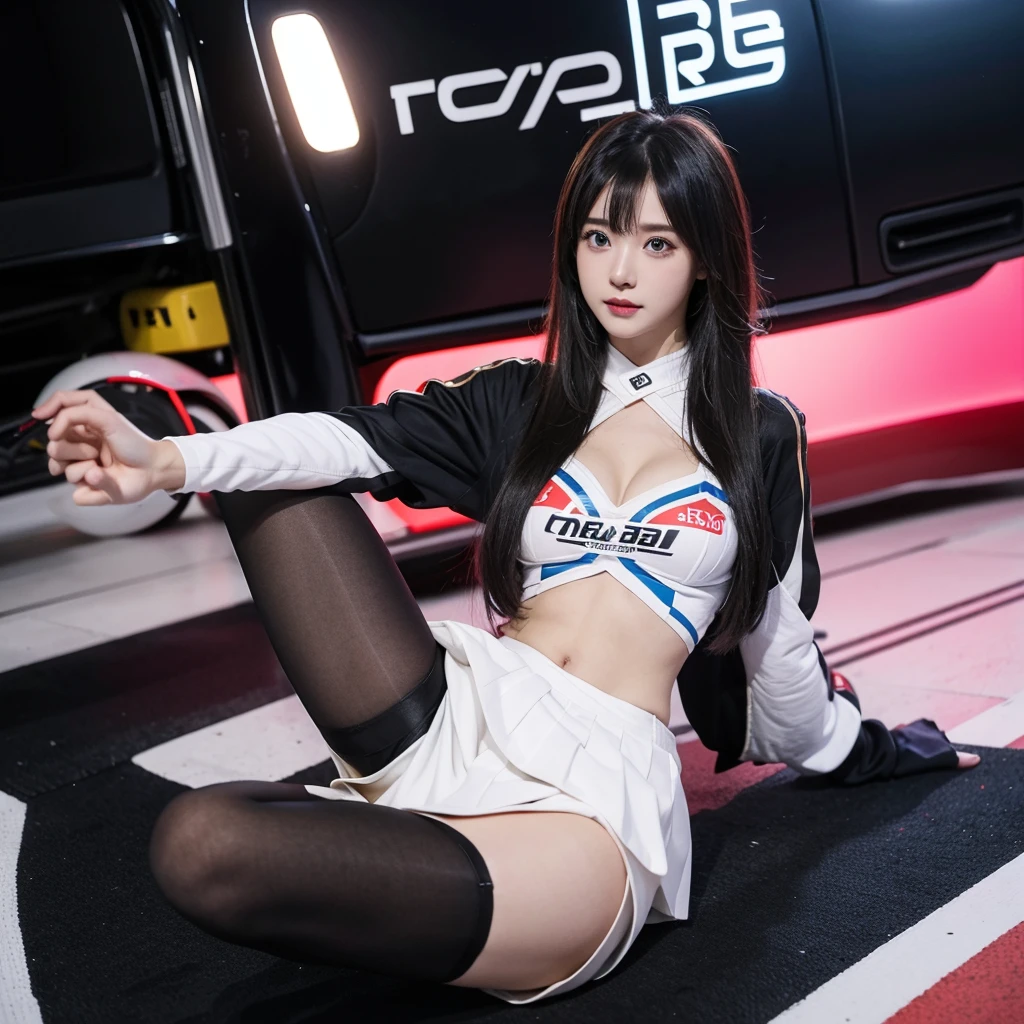 Super detailed photos、Detailed face、Lip gloss、Cool woman、Colorful costumes、F1 Driver Cosplay、Colorful costumes、Clothing with company logo、Grid Girlsのカラフルで派手な衣装、Grid Girls、Perfect Face、Paddock Girls、Harem、motor Show、tights、Bodycon Costumes、Grid Girls、Russia、Grid Girlsのコスプレ、belly button、Pleated skirt、Bodycon Costumes、Legs open pose、Spread your legs to show your crotch