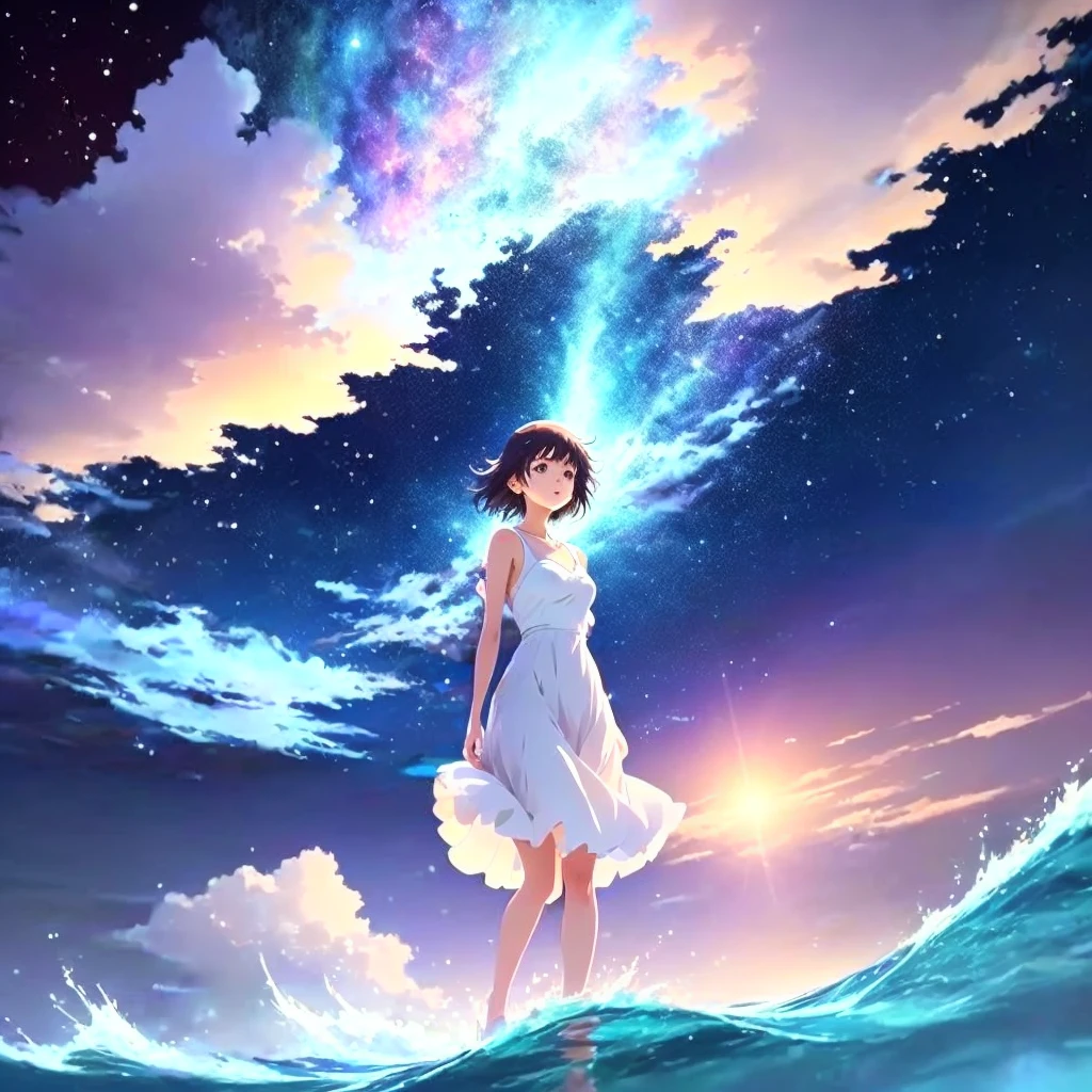 anime, a girl in a white dress is floating in the water, makoto shinkai cyril rolando, anime girl walking on water, anime movie background, beautiful anime scene, today's featured anime still, anime film still, screenshot from the anime film, anime still film anime shikishi, star(sky) starry_sky