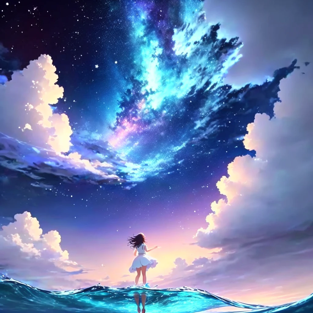 anime, a girl in a white dress is floating in the water, makoto shinkai cyril rolando, anime girl walking on water, anime movie background, beautiful anime scene, today's featured anime still, anime film still, screenshot from the anime film, anime still film anime shikishi, star(sky) starry_sky