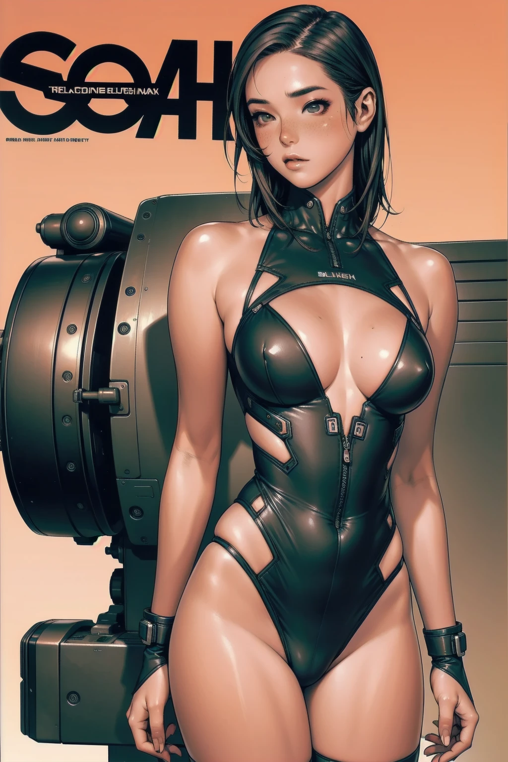 ((best qualityer)), ((Perfect masterpiece)), (detailded: 1.4), (absurdrez), (((whole body, corpo fitness, neckline showing part of the breasts)), (((Woman with black hair, blushful))), ((freckles))), 21 year old woman, beautiful sexy woman, giant robot pilot, wild with perfect corpo fitness, wearing small mecha battle armor clothes, tiny thong, Simon Bisley styled for the cover of Heavy Metal magazine, clothing with Japanese cyberpunk graphic patterns, Halftone pattern and vertical stripes, earth tone, exiting the body of a giant robot