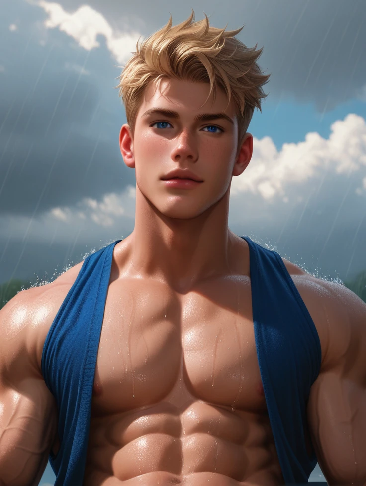 8k,score_9,score_8_up,score_7_up, yaoi, 1boys,gay, detailed, very short hair, blonde hair, freckles, blue eyes, freckles, freckles on body, muscle wide shoulders, muscle pecs, abs, vascular biceps and triceps,flanel shirt, cute, blondlust, boyish face, cute face,above perspective, looking at viewer, rain, cloudy sky, rain street
