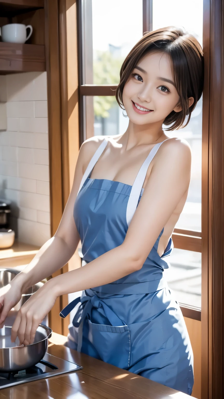 [[super high quality,Highest quality,super masterpiece]],((Japanese,woman,Super Beauty,1 person)),(((Wearing only an apron naked))),A thin apron made of frilly fabric,Your cheeks are flushed,Shy laugh,(Slightly wavy short hair,Dark brown hair color),(seven-headed body,Model Body Type,Slim waist,Small Butt,Beautiful Eyes,Beautiful Skin,Dark brown eyes),kitchen,Cooking food,indirect lighting