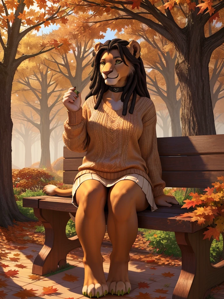 highly detailed hands, (four toes), full body, photo, (hyper realistic, 8k, top quality:1.2), (high details, extremely detailed, absurdres), masterpiece, beautiful and aesthetic, (white furry anthro lion female:1.3), curvy, (bushy_tail:1.3), ((brown sweater, [yellow skirt], (toeless)_(kneehigh))), (black hair:1.2), dreadlock hair, (sidecut), (realistic fur:1.5), brown arms, brown belly, (white detailed face:1.1), brown head, brown ears, brown legs, (big bright green eyes, intricate eye detail), eyeliners, (green claws), average size breasts, black_choker_with_(emerald_pendant), (earrings:0.9), bracelets, sitting on wooden [park_bench::29], smiling, (autumn leaves flying in air, wind:1.2), day, (highly detailed autumn garden:1.1), plants, (trees), autumn flowers, leaves, realistic shading, warm lighting, ultra detailed facial features, intricate details