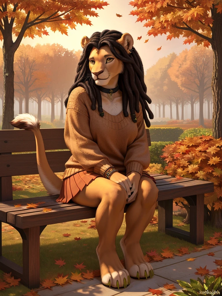 highly detailed hands, (four toes), full body, photo, (hyper realistic, 8k, top quality:1.2), (high details, extremely detailed, absurdres), masterpiece, beautiful and aesthetic, (white furry anthro lion female:1.3), curvy, (bushy_tail:1.3), ((brown sweater, [yellow skirt], (toeless)_(kneehigh))), (black hair:1.2), dreadlock hair, (sidecut), (realistic fur:1.5), brown arms, brown belly, (white detailed face:1.1), brown head, brown ears, brown legs, (big bright green eyes, intricate eye detail), eyeliners, (green claws), average size breasts, black_choker_with_(emerald_pendant), (earrings:0.9), bracelets, sitting on wooden [park_bench::29], smiling, (autumn leaves flying in air, wind:1.2), day, (highly detailed autumn garden:1.1), plants, (trees), autumn flowers, leaves, realistic shading, warm lighting, ultra detailed facial features, intricate details