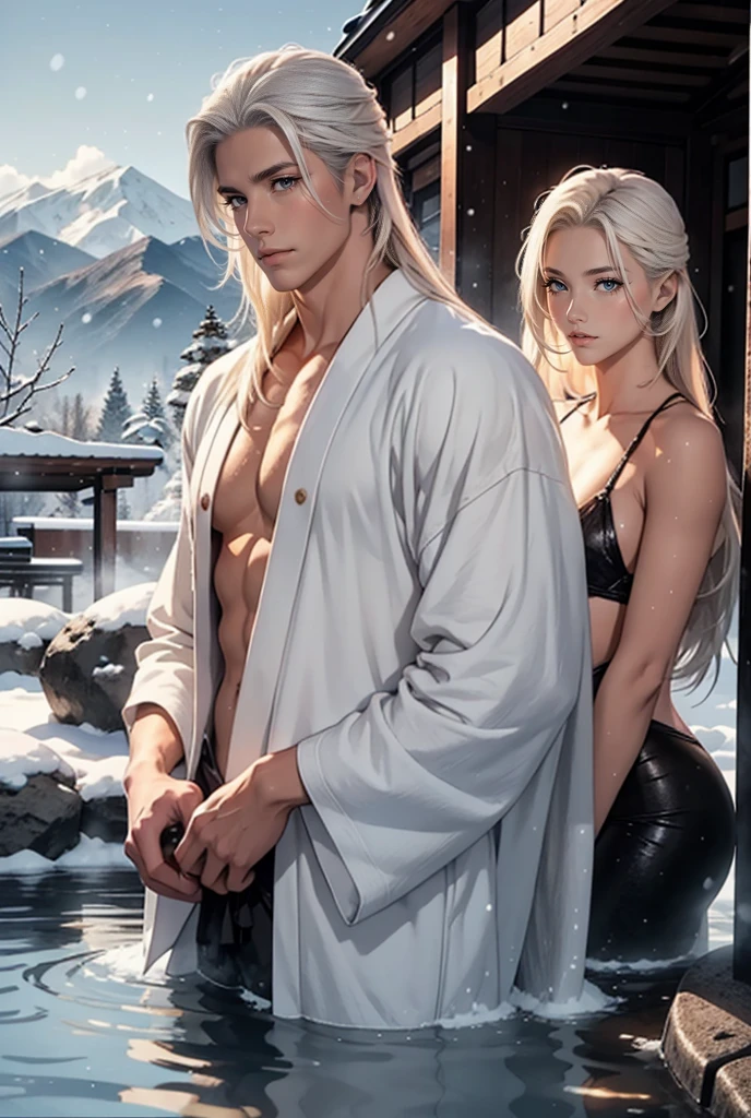 Onsen. mountains. Winter. A tall, handsome, handsome, masculine adult man is platinum blond, he has blue eyes, tanned skin, long straight platinum hair, he sits in a hot onsen, next to him is an incredibly beautiful young femme fatale with golden long hair, blue eyes. They're in love.