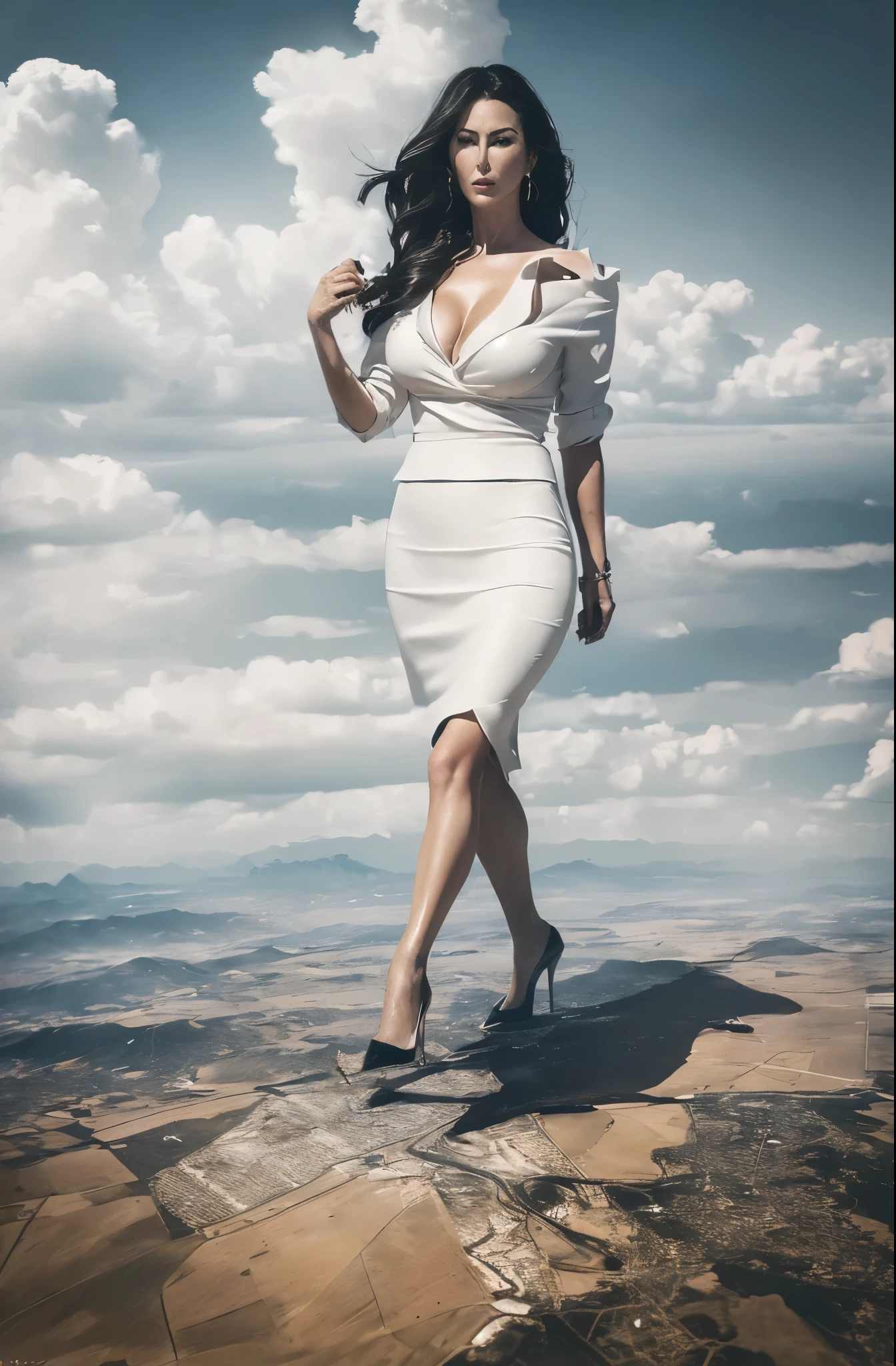 Uma Thurman, (masterpiece, best quality, best shadows, best shading, perfect hands, perfect face, cinematic lighting, colorful, ultra-detailed, beautiful photography, character focus, extremely-detailed, photorealistic, hyper photorealism, atmospheric), (rural destruction:1.7), (giantess, stereotypical office worker), (dirty, filthy, unwashed, sweaty, unkempt, angry, tired, exhausted, annoyed), (walking, mid stride:1.2, stepping down on:1.2, stomping, crush, rampage), (black patent Louboutin pointed toe pumps, high heels, stiletto heels), ((revealing crisp white blouse, short black pencil skirt)), ((long straight hair with front bangs)), (high altitude photography, satellite view), (curvy, exposed cleavage, heaving bosom, legs), (urban sprawl, farmland and small towns, destruction, buildings, roads), (((cloudy, overcast, clouds and atmosphere partly obscuring the subject:1.2, hazy atmosphere, haze in foreground, wispy clouds)))
