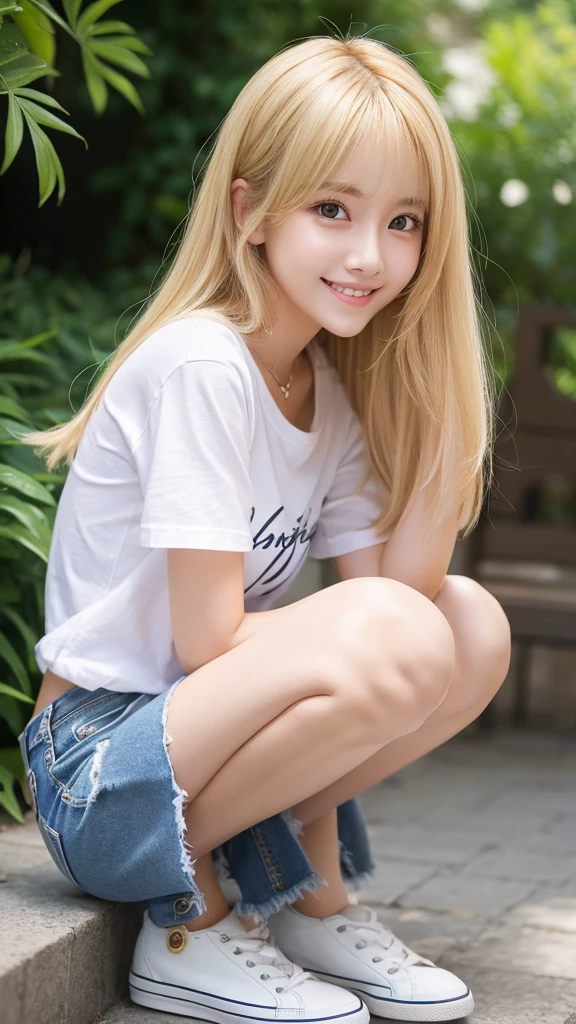 Highest pixels、Highest quality、Highest quality、masterpiece、Blonde、Long Hair、summer、Date、Denim shorts、sexy、Sexy、T-Shirts、smile、Beautiful legs、Big eyes、Panty shot、Real、Crouching posture