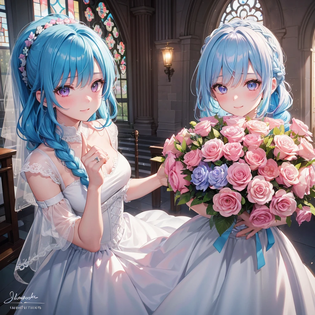 Sky blue hair, (Braided Ponytail),(Pink Eyes),Fair skin ,(whole body),(One girl),bride,A big smile,Straight bangs, 6月のbride,Wedding dress,(masterpiece, Highest quality, Very detailed, Best Shadow), (Detailed Background), (Beautifully detailed face), High Contrast, (Best lighting, Very delicate and beautiful), ((Cinematic Light)), colorful, Hyper Detail, Dramatic Light, Intricate details,Chapel background,Bouquet of roses,Ring on left ring finger,