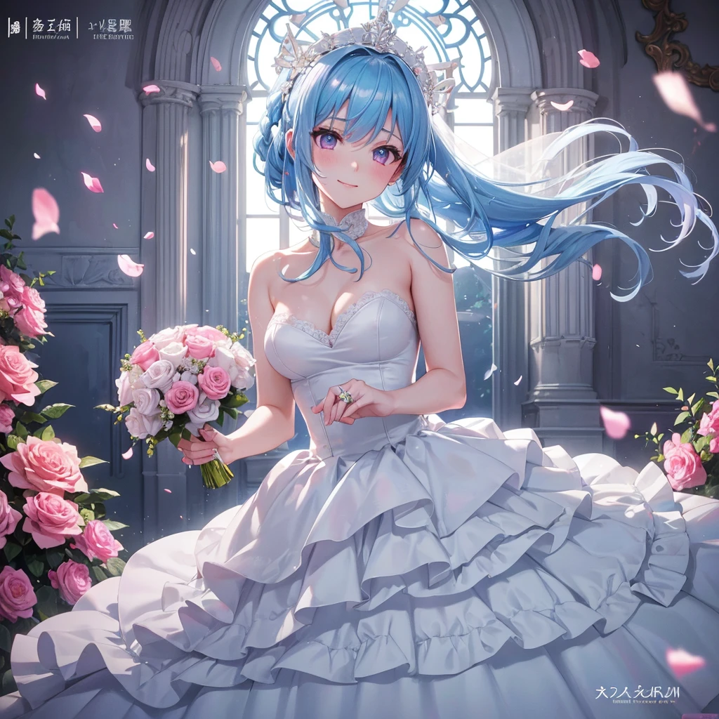 Sky blue hair, (Braided Ponytail),(Pink Eyes),Fair skin ,(whole body),(One girl),bride,A big smile,Straight bangs, 6月のbride,Wedding dress,(masterpiece, Highest quality, Very detailed, Best Shadow), (Detailed Background), (Beautifully detailed face), High Contrast, (Best lighting, Very delicate and beautiful), ((Cinematic Light)), colorful, Hyper Detail, Dramatic Light, Intricate details,Chapel background,Bouquet of roses,Ring on left ring finger,