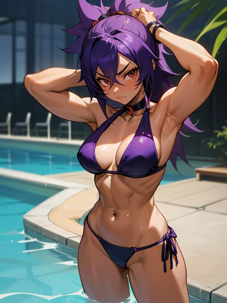 18 year old Yoruichi Shihöin from Bleach with tanned skin and a mysterious look on her face, in a purple thong bikini pridefully flexing her muscles in a pool with the water up to her waist, highly detailed 