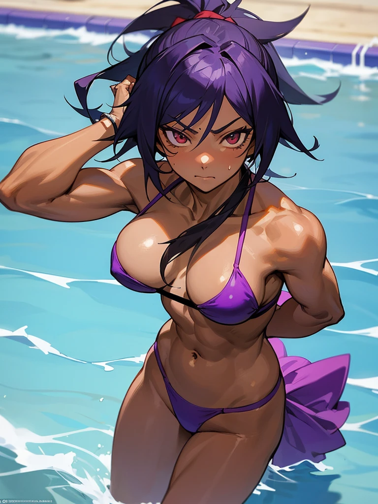 18 year old Yoruichi Shihöin from Bleach with tanned skin and a mysterious look on her face, in a purple thong bikini pridefully flexing her muscles in a pool with the water up to her waist, highly detailed