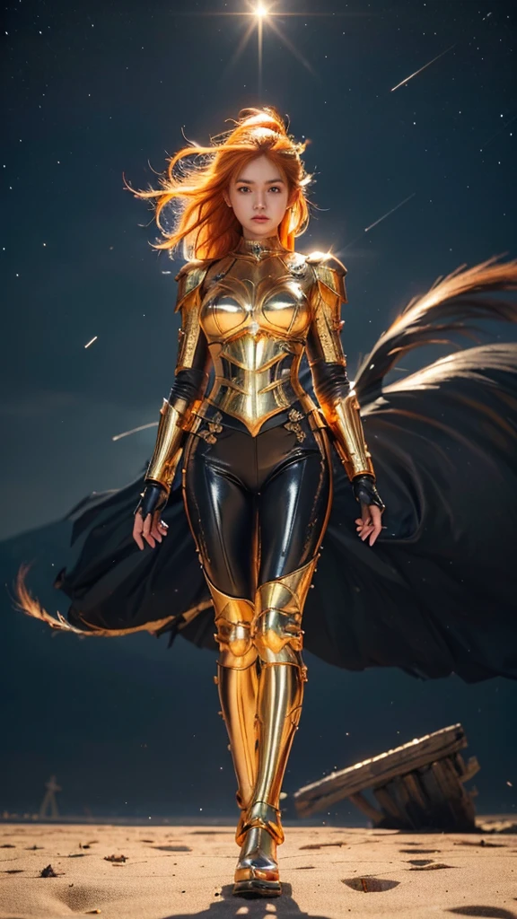 ((best quality)), ((masterpiece)), (ultra detailed lights), ((full body:1.3)), ((skinny body)), 1girl, extremely beautiful, ((slim body)), thighs gap, ultra face details, 20 years old, ((pink curvy-hair)), ((hair blown by strong winds :1.3)), Award-winning photograph, ((symmetrical pose)), ((full body golden black armor)), posing in the middle, intricate details, ((thight golden armour)), ((extremely details armor)), ((tight latex pants)), ((24k-gold armor)), ((edge luminous armor)), cameltoe, luminescent, epic lights reflections, at beach, full of stars, orange clouds, nebula sky, epic aurora borealis in the background, shooting stars, ((from below))