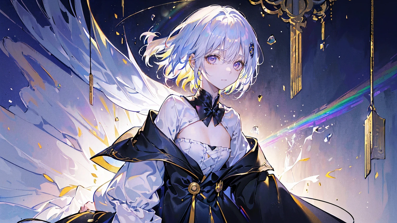 (Super detailed)),((illustration))，((masterpiece)),(((need))),((fine、Highest quality CG Unity 8K wallpapers，masterpiece），（（4K，masterpiece，best quality）），rainbow发的少女，flat chest，short hair，Gold and silver eyes，Golden Apprentice Uniform，Black short cape，Berets，Black shoes，White Silk，Monocle，The walls are covered with self-portraits，身边有rainbow，phantom，Exhaustion，Overworked，There is a huge drawing board in front of me.，In a white room，Paint condensed in the air，rainbow，individual，Full body picture