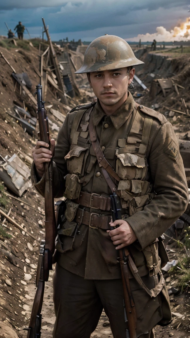 (masterpiece), best quality, expressive eyes, perfect face, cliffs, man, trenches, dirty, uniform, realistic, HD, holding Rifle, Enfield rifle, Somme, trench warfare, bayonet, dusk, explosion, bombarded