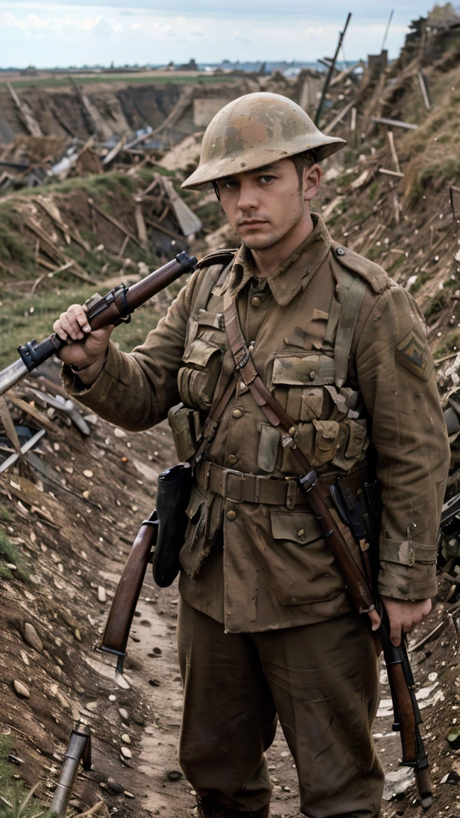 (masterpiece), best quality, expressive eyes, perfect face, cliffs, man, trenches, dirty, uniform, realistic, HD, holding Rifle, Enfield rifle, Somme, trench warfare, bayonet, dusk, explosion, bombarded