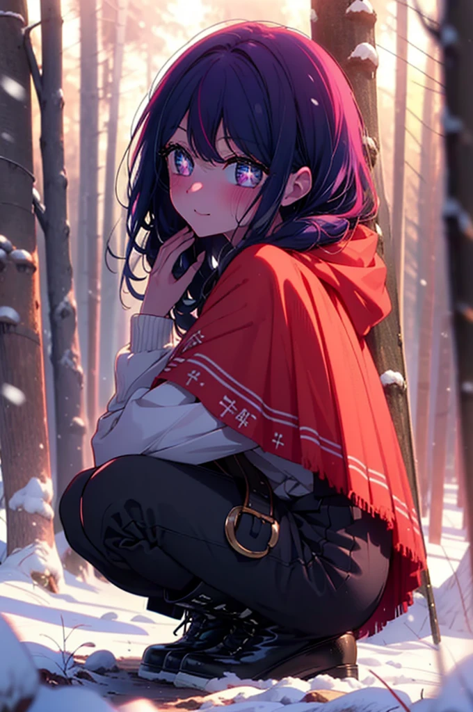 aihoshino, Ai Hoshino, Long Hair, bangs, (Purple eyes:1.1), Purple Hair, (Symbol-shaped pupil:1.5), smile,,smile,blush,White Breath,
Open your mouth,snow,Ground bonfire, Outdoor, boots, snowing, From the side, wood, suitcase, Cape, Blurred, , forest, White handbag, nature, Squat, Mouth closed, Cape, winter, Written boundary depth, Black shoes, red Cape break looking at viewer, Upper Body, whole body, break Outdoor, forest, nature, break (masterpiece:1.2), Highest quality, High resolution, unity 8k wallpaper, (shape:0.8), (Beautiful and beautiful eyes:1.6), Highly detailed face, Perfect lighting, Highly detailed CG, (Perfect hands, Perfect Anatomy),