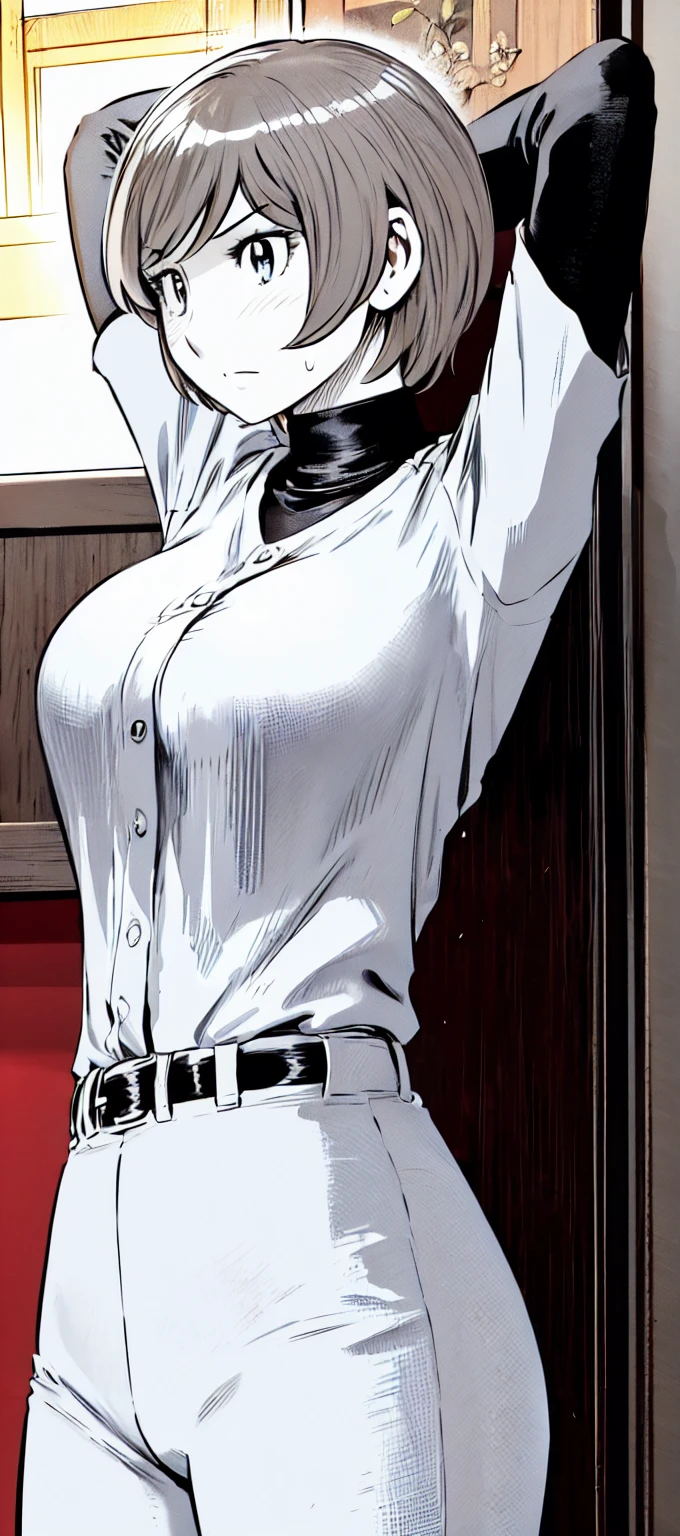 (short hair:1.2),Sleeveless、Black Shirt, turtleneck,White trousers、uniform、Black belt、((People illustrations))、Big Breasts、
View your audience,, (Highest quality:1.3),One Girl, White pants、uniform、blue eyes、Tight black shirt、(masterpiece、Highest quality)、Highest quality, Ultra-high resolution, (((masterpiece))), alone, Sweat、Big eyes、Big Breasts、One Girl, Front view、Embarrassed face、Bronze colored hair、((short hair))、locker room、Stretch your arms to the sides、Good posture、Stand upright、Stand up straight、Upper body close-up