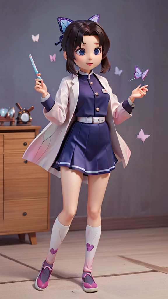 cute、Mini character、Butterflies are fluttering、A school uniform with a butterfly-like haori、she has Poisonous inject、Syringe、scientist