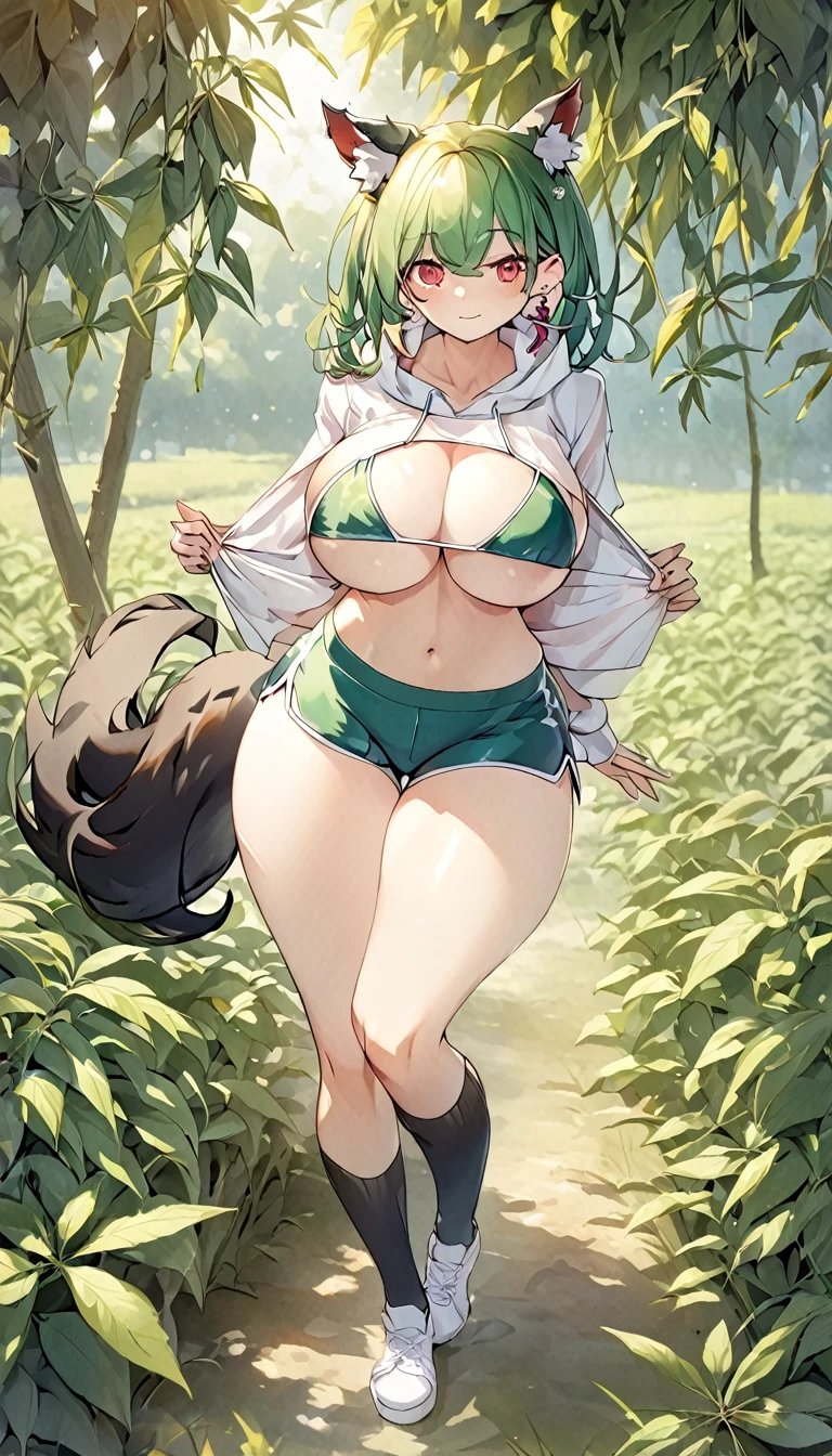 , Croped, , cleavage, slim waist, cropped hoodie underboob, cropped hoodieunderboobhoodie, 1girl, 2 wolf ears, wolf tail, marijuana crop hoodie, crop shorts, marijuana hoodie, spiky hair, spiky fur, green hair, red eyes,marijuana field, tight clothes, perfect eyes, perfect hands, clear resolution, full body, cleavage skin, marijuana plants, open hoodie, marijuana field, black thigh high socks, full body, earrings, 1girl, skirt, cleavage, slim waist, cleavage, slim waist, hair pulled back, big breast, round butt, slim waist, best quality, thick thighs, D-cup breast,