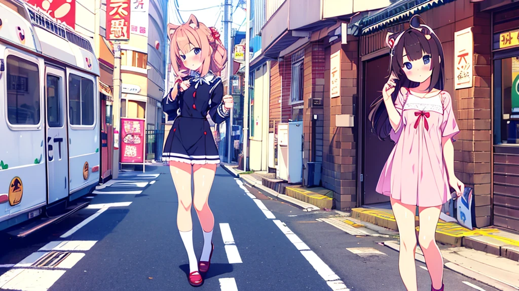 girl in short dress long stockings on the street akihabara tanuki blush on cheeks show pussy