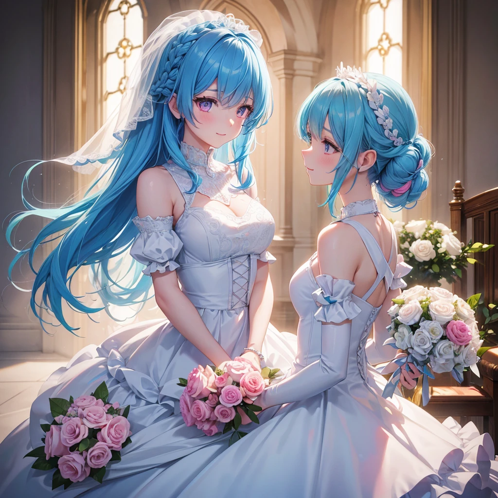 Sky blue hair, (Braided Ponytail),(Pink Eyes),Fair skin ,(whole body),(One girl),bride,A big smile,Straight bangs, 6月のbride,Wedding dress,(masterpiece, Highest quality, Very detailed, Best Shadow), (Detailed Background), (Beautifully detailed face), High Contrast, (Best lighting, Very delicate and beautiful), ((Cinematic Light)), colorful, Hyper Detail, Dramatic Light, Intricate details,Chapel background,Bouquet of roses,Ring on left ring finger,
