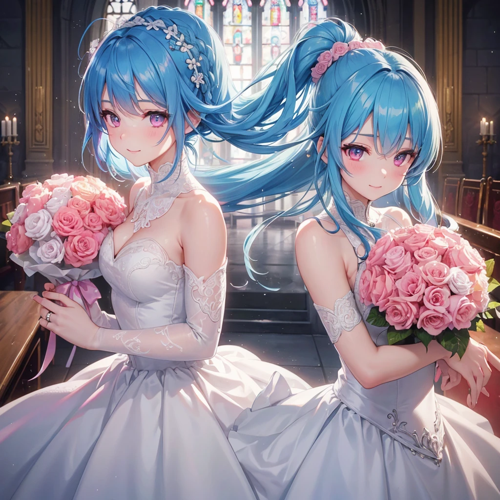 Sky blue hair, (Braided Ponytail),(Pink Eyes),Fair skin ,(whole body),(One girl),bride,A big smile,Straight bangs, 6月のbride,Wedding dress,(masterpiece, Highest quality, Very detailed, Best Shadow), (Detailed Background), (Beautifully detailed face), High Contrast, (Best lighting, Very delicate and beautiful), ((Cinematic Light)), colorful, Hyper Detail, Dramatic Light, Intricate details,Chapel background,Bouquet of roses,Ring on left ring finger,