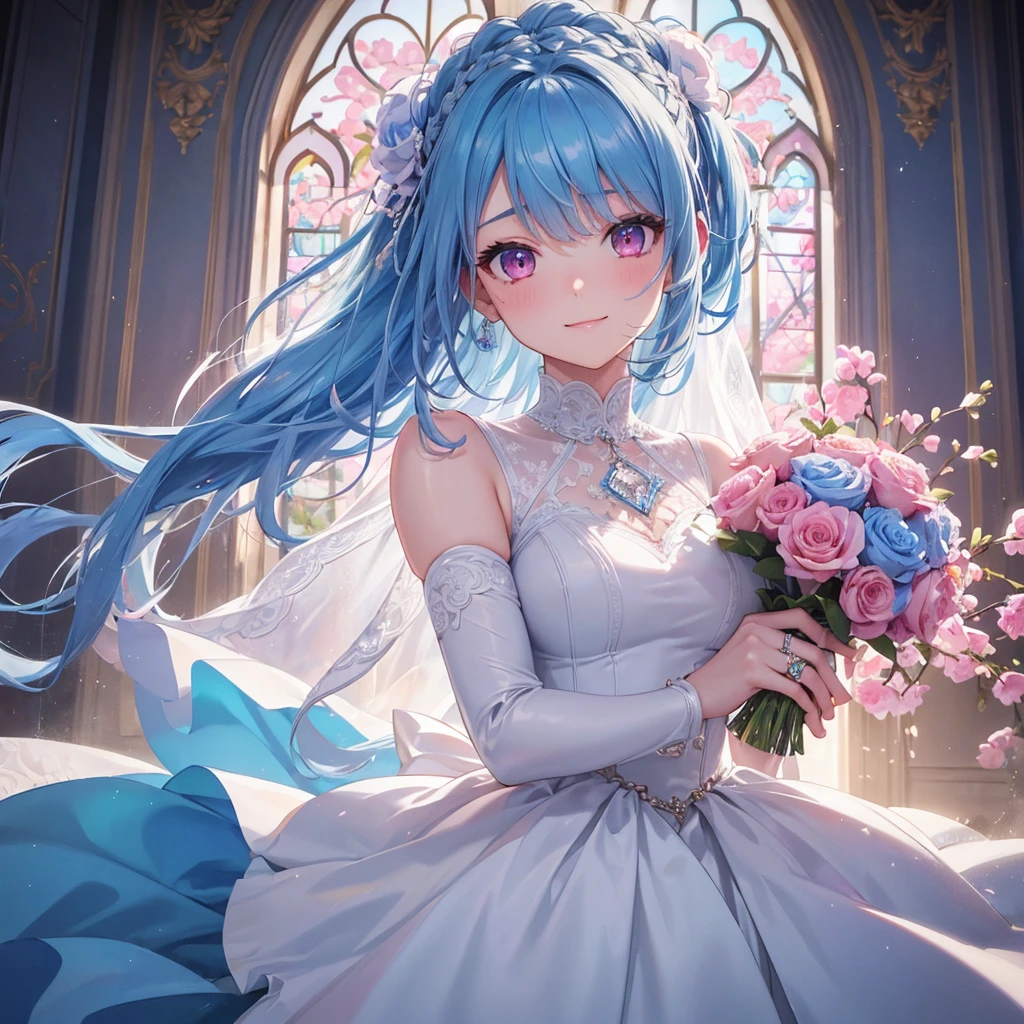 Sky blue hair, (Braided Ponytail),(Pink Eyes),Fair skin ,(whole body),(One girl),bride,A big smile,Straight bangs, 6月のbride,Wedding dress,(masterpiece, Highest quality, Very detailed, Best Shadow), (Detailed Background), (Beautifully detailed face), High Contrast, (Best lighting, Very delicate and beautiful), ((Cinematic Light)), colorful, Hyper Detail, Dramatic Light, Intricate details,Chapel background,Bouquet of roses,Ring on left ring finger,