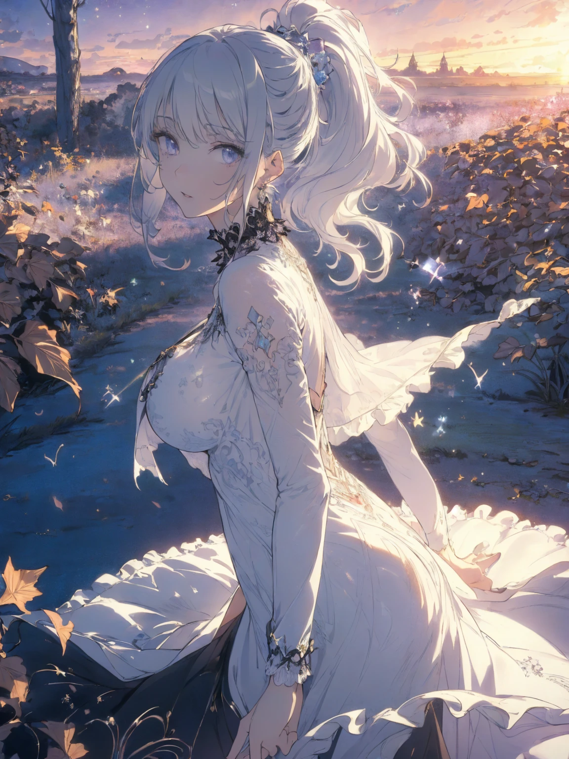 (landscape photo, with a woman in the bottom right of photo:1.5, in white garden:1.5), Masterpiece, best quality, (very detailed CG unity 8k wallpaper), (best quality), High definition RAW color art, Animation,sculptures, (black Marble Skin), (((Ultra detailed elegant))), Magical atmosphere, Detailed skin, Texture,(Intricately detailed, Fine detail, ultra-detail art), depth of fields, bokeh, Silky Touch, Hyper Detail, beautiful eyes, Elegant Face, (sexy profile posing), sparkle background, enormous breast:1.4, (silver hair), pastel purple, witchcraft dress, ponytail:1.1, embarrassing face, ivy, Dramatic Light, smiley, Frills, sunset, cross