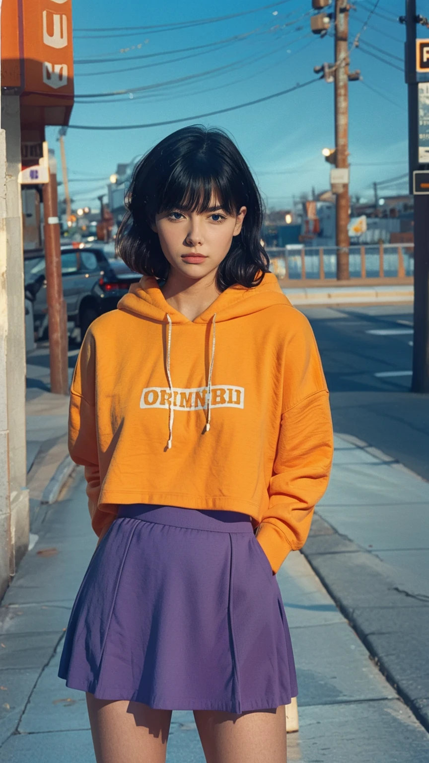 long shot portrait of cute 23 yo girl, (natural breast) ,wear ((orange color oversized hoodie)), wear ((purple tennis skirt)),looking front,Best Quality,Masterpiece,Ultra High Resolution,(Realisticity:1.4),Original Photo, 1Girl, light leak,ultra high resolution,UHD,beautiful, (black bob hair), almond eye, no makeup, in front of (80's mondrian architecture motel), (realistic:1.2), (surreal:1.3), (very detailed:1.1), ((masterpiece)),summer, blue sky, palm trees,sunny, los angles vibes,film camera, 800mm lens,style of Philip Lorca diCorcia